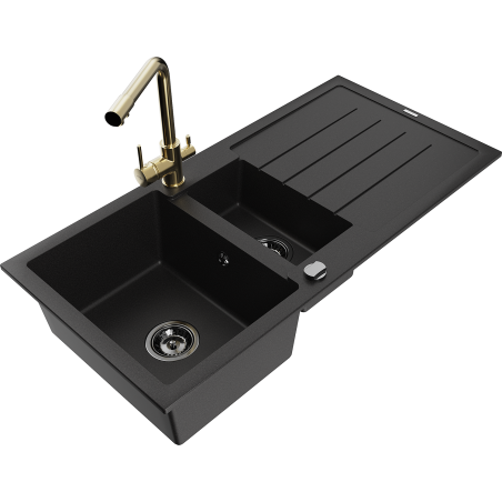 Mexen Andres granite kitchen sink 1.5-bowl with drainer and Duero kitchen faucet, black - 6515-77-671600-50-B