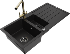 Mexen Andres granite kitchen sink 1.5-bowl with drainer and Duero kitchen faucet, black - 6515-77-671600-50-B