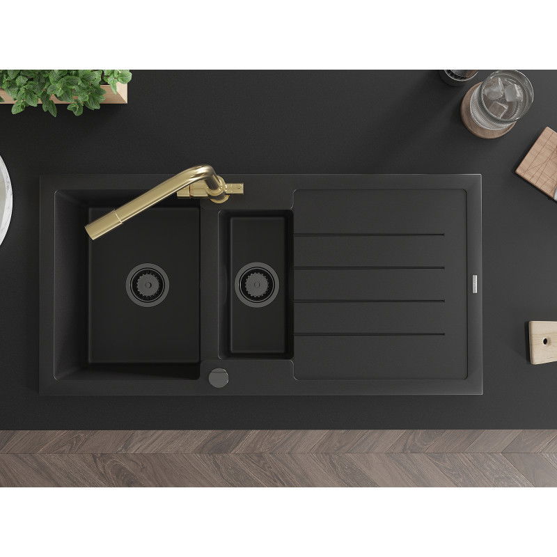 Mexen Andres 1.5-bowl granite kitchen sink with drainer and Duero kitchen tap, black - 6515-77-671600-50-B