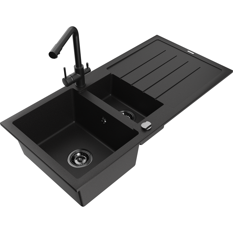 Mexen Andres 1.5-compartment granite sink with a drip tray and kitchen mixer tap Duero, Black - 6515-77-671600-70-B