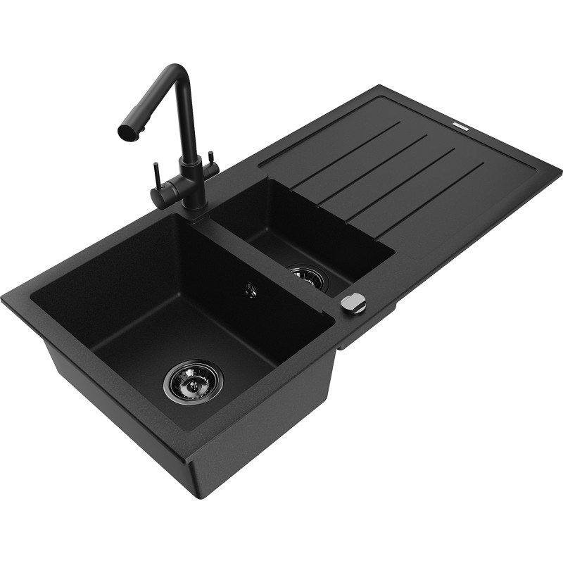 Mexen Andres granite sink with 1.5 bowls, drainer, and kitchen faucet Duero, black - 6515-77-671600-70-B