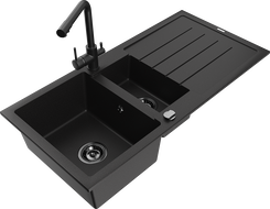 Mexen Andres 1.5-bowl granite sink with drainer and Duero kitchen faucet, black - 6515-77-671600-70-B