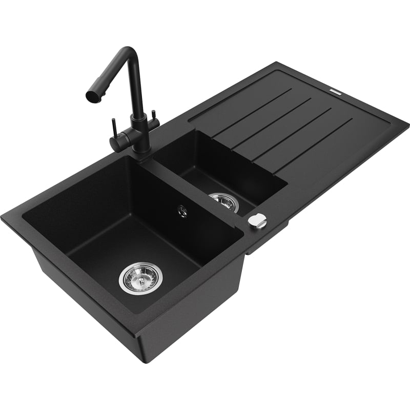 Mexen Andres 1.5-bowl granite sink with drainer and Duero kitchen faucet, black - 6515-77-671600-70