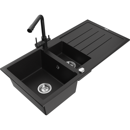 Mexen Andres 1.5-bowl granite sink with drainer and Duero kitchen faucet, black - 6515-77-671600-70