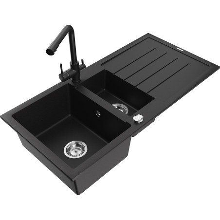 Mexen Andres 1.5-compartment granite sink with a drip tray and kitchen mixer tap Duero, Black - 6515-77-671600-70