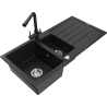 Mexen Andres 1.5-bowl granite sink with drainer and Duero kitchen faucet, black - 6515-77-671600-70