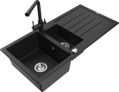 Mexen Andres 1.5-compartment granite sink with a drip tray and kitchen mixer tap Duero, Black - 6515-77-671600-70