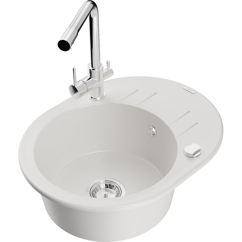 Mexen Kevin 1-bowl Granite Sink with Drainer and Duero Kitchen Faucet, White - 6517-20-671600-00