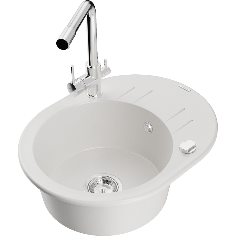 Mexen Kevin 1-bowl granite sink with drainer and Duero kitchen tap, white - 6517-20-671600-00