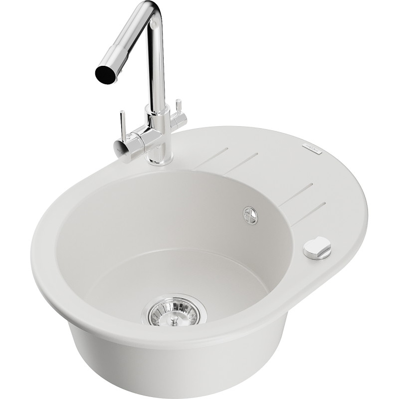 Mexen Kevin granite single-bowl sink with drainer and kitchen faucet Duero, white - 6517-20-671600-00