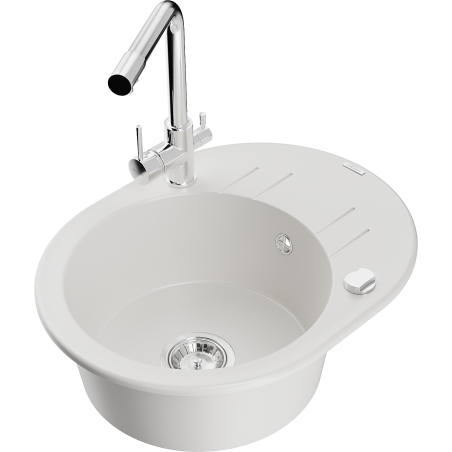Mexen Kevin 1-bowl Granite Sink with Drainer and Duero Kitchen Faucet, White - 6517-20-671600-00
