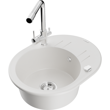Mexen Kevin 1-bowl granite sink with drainer and Duero kitchen tap, white - 6517-20-671600-00