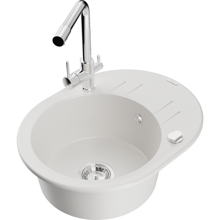 Mexen Kevin granite single-bowl sink with drainer and kitchen faucet Duero, white - 6517-20-671600-00