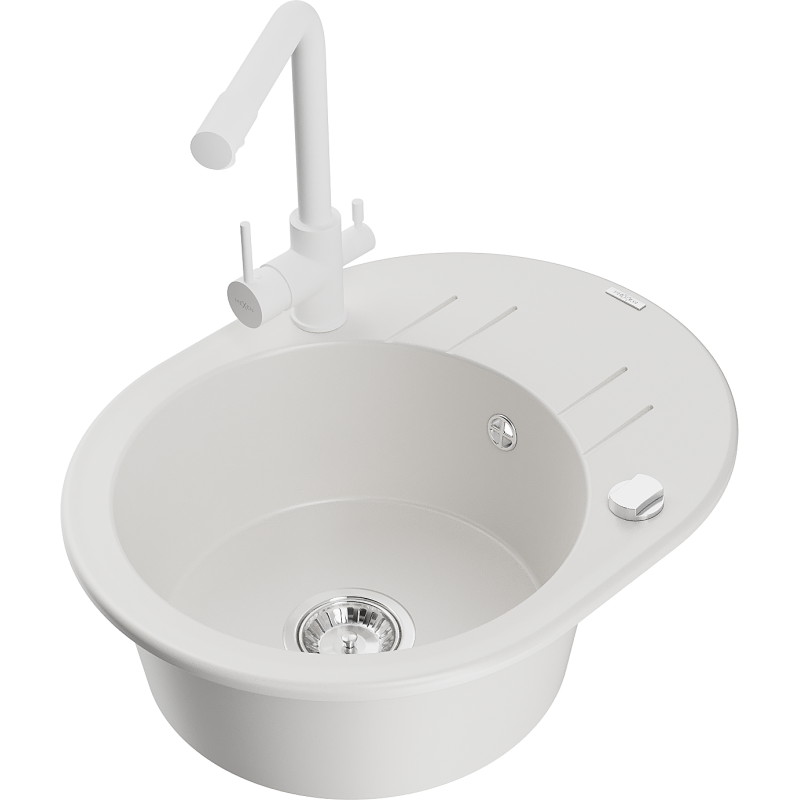Mexen Kevin 1-bowl Granite Sink with Drainer and Duero Kitchen Tap, White - 6517-20-671600-20