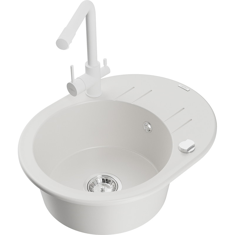 Mexen Kevin granite kitchen sink single-bowl with drainer and Duero kitchen faucet, white - 6517-20-671600-20