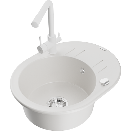 Mexen Kevin 1-bowl Granite Sink with Drainer and Duero Kitchen Tap, White - 6517-20-671600-20