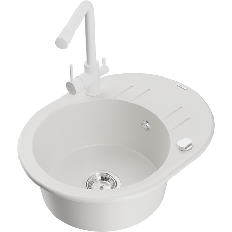 Mexen Kevin 1-compartment granite sink with a drip tray and kitchen mixer tap Duero, White - 6517-20-671600-20