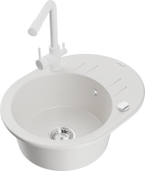Mexen Kevin granite sink single-bowl with drainer and kitchen faucet Duero, white - 6517-20-671600-20