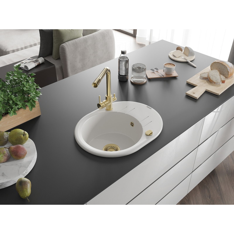 Mexen Kevin granite sink single-bowl with drainer and Duero kitchen faucet, white - 6517-20-671600-50
