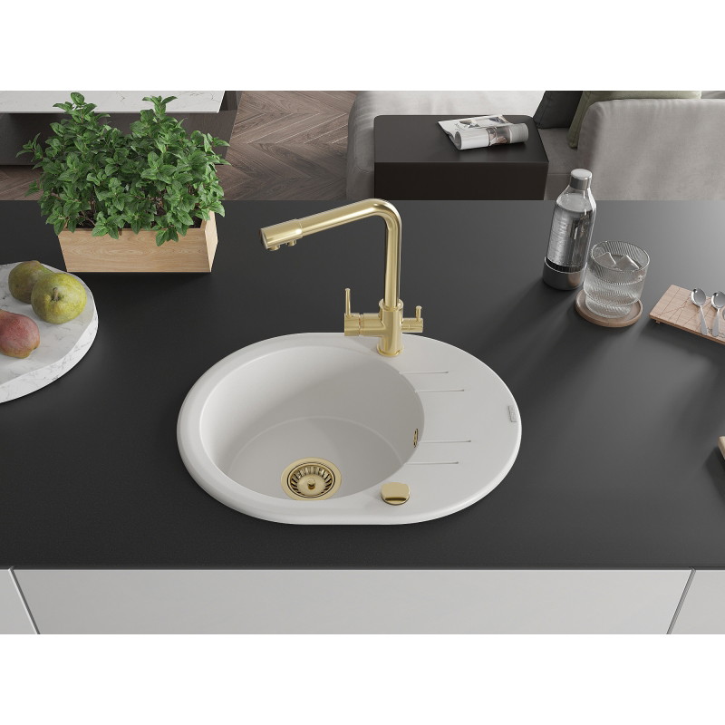 Mexen Kevin granite sink single-bowl with drainer and Duero kitchen faucet, white - 6517-20-671600-50
