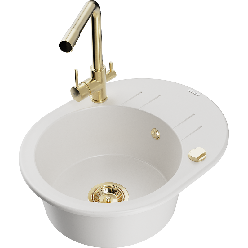 Mexen Kevin 1-compartment granite sink with a drip tray and kitchen mixer tap Duero, White - 6517-20-671600-50