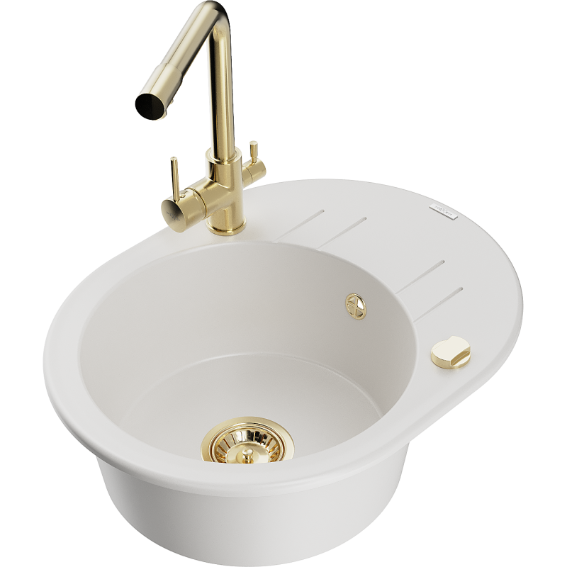 Mexen Kevin granite kitchen sink 1-bowl with drainer and Duero kitchen tap, white - 6517-20-671600-50