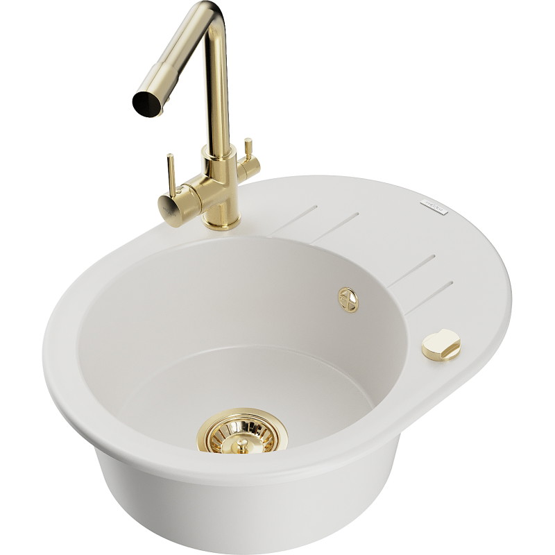 Mexen Kevin granite sink single-bowl with drainer and Duero kitchen faucet, white - 6517-20-671600-50