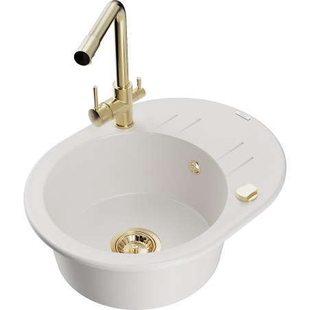 Mexen Kevin granite kitchen sink 1-bowl with drainer and Duero kitchen tap, white - 6517-20-671600-50