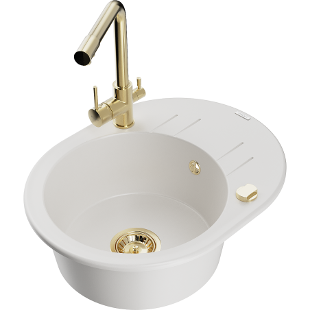 Mexen Kevin granite single-bowl sink with drainer and Duero kitchen faucet, white - 6517-20-671600-50