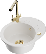 Mexen Kevin granite sink single-bowl with drainer and Duero kitchen faucet, white - 6517-20-671600-50