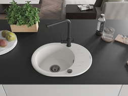 Mexen Kevin 1-bowl granite sink with drainer and Duero kitchen tap, white - 6517-20-671600-70