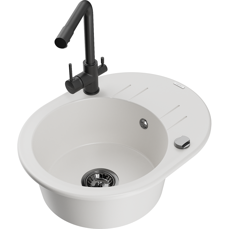 Mexen Kevin 1-bowl granite sink with drainer and Duero kitchen tap, white - 6517-20-671600-70