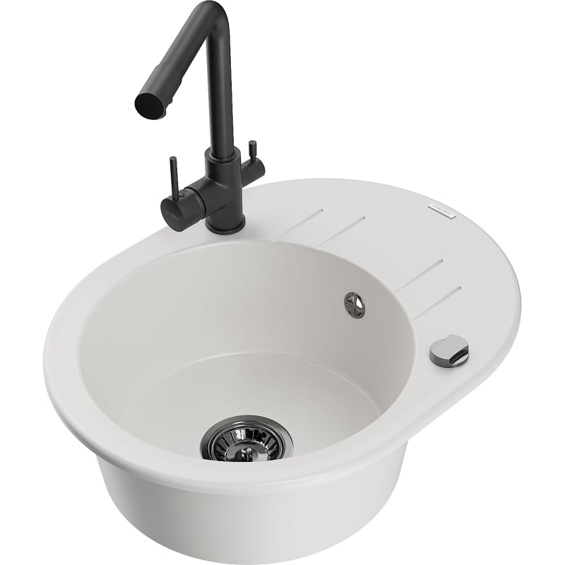 Mexen Kevin granite kitchen sink 1-bowl with drainer and Duero kitchen faucet, white - 6517-20-671600-70
