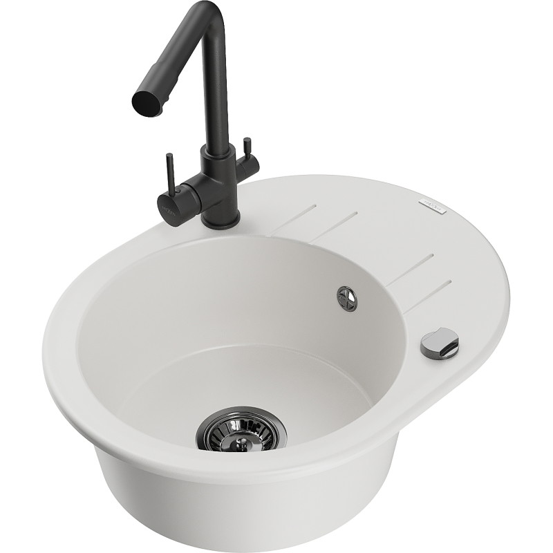 Mexen Kevin granite sink 1-bowl with drainer and kitchen faucet Duero, white - 6517-20-671600-70