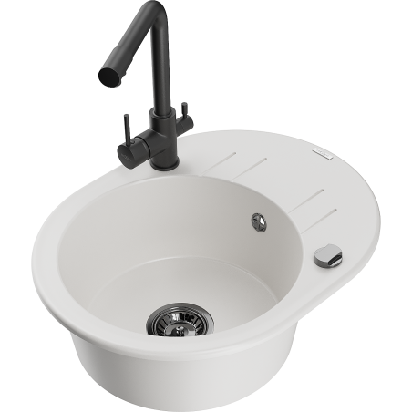 Mexen Kevin 1-bowl granite sink with drainer and Duero kitchen tap, white - 6517-20-671600-70