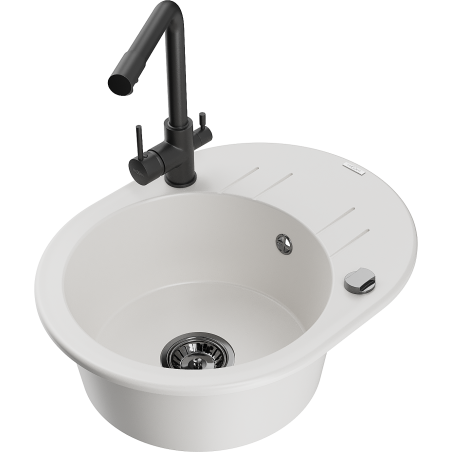 Mexen Kevin 1-compartment granite sink with a drip tray and kitchen mixer tap Duero, White - 6517-20-671600-70