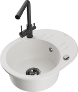 Mexen Kevin 1-bowl granite sink with drainer and Duero kitchen tap, white - 6517-20-671600-70