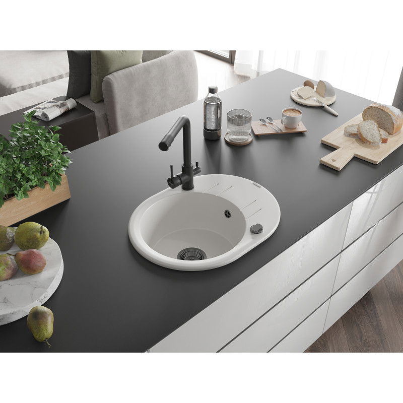 Mexen Kevin 1-bowl granite sink with drainer and Duero kitchen tap, white - 6517-20-671600-70