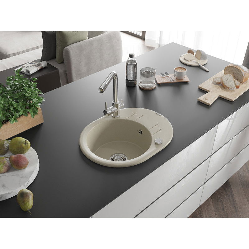 Mexen Kevin 1-bowl granite sink with drainer and Duero kitchen tap, beige - 6517-69-671600-00