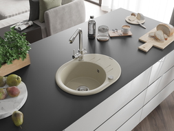 Mexen Kevin 1-compartment granite sink with a drip tray and kitchen mixer tap Duero, Beige - 6517-69-671600-00