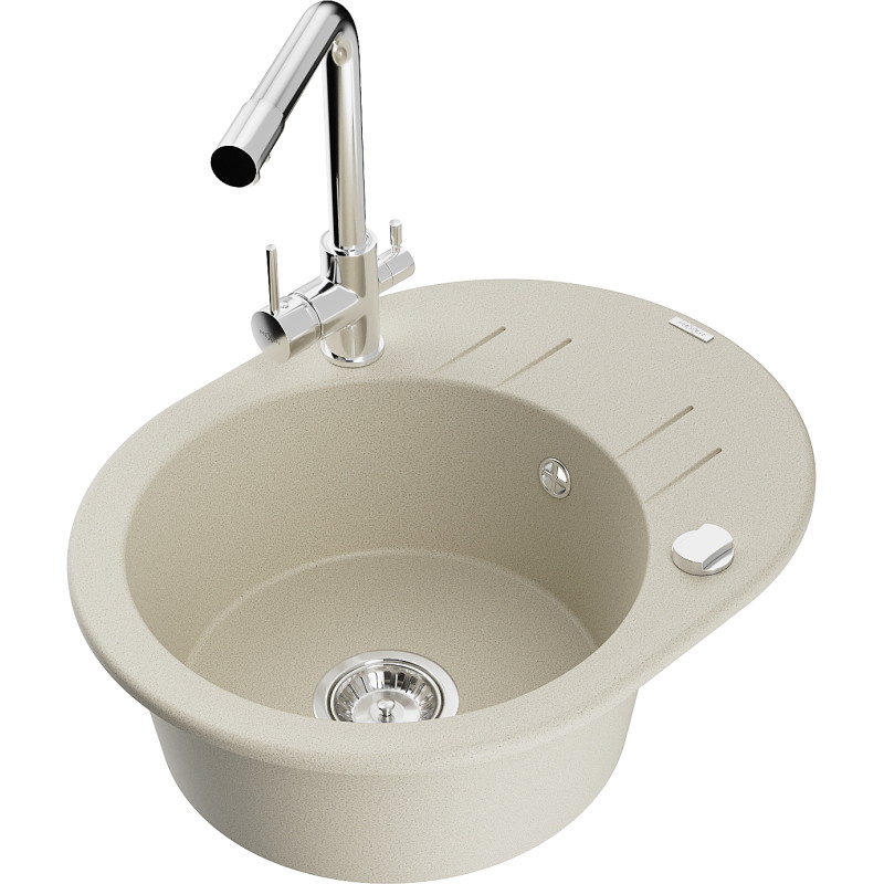 Mexen Kevin 1-bowl granite sink with drainer and Duero kitchen faucet, beige - 6517-69-671600-00
