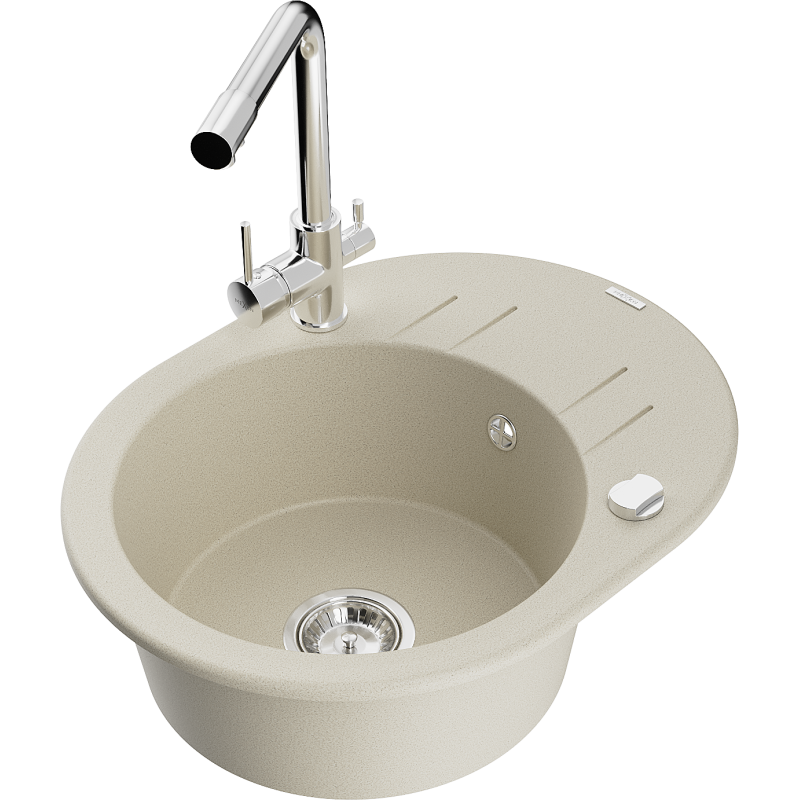 Mexen Kevin 1-bowl granite sink with drainer and Duero kitchen tap, beige - 6517-69-671600-00