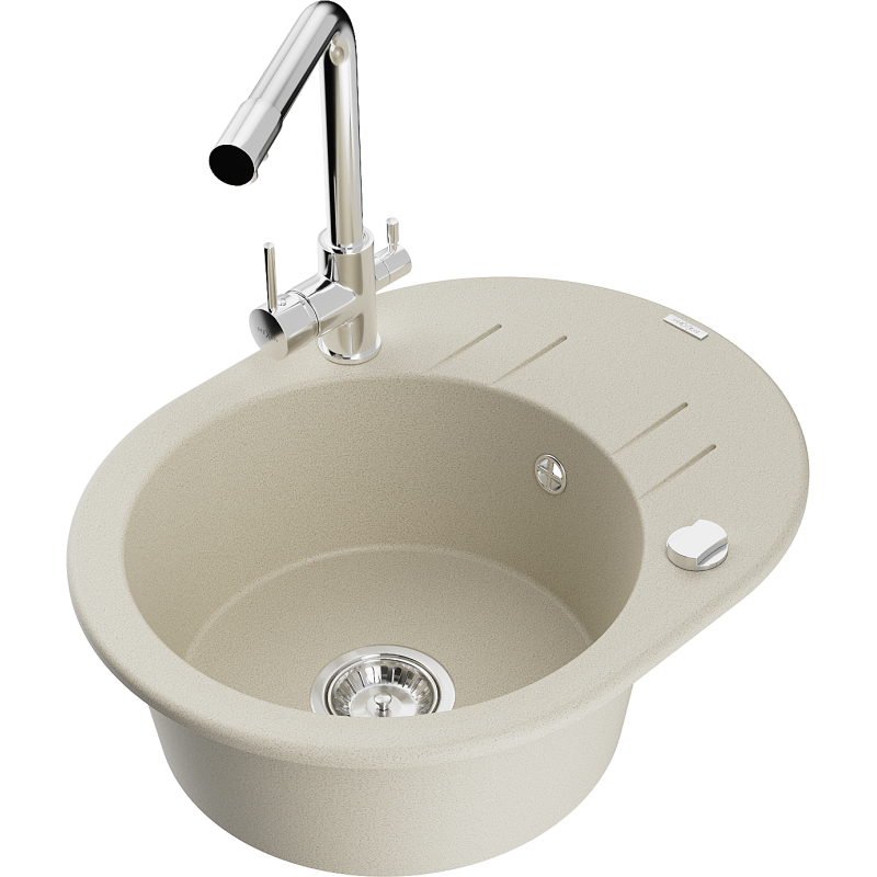 Mexen Kevin 1-compartment granite sink with a drip tray and kitchen mixer tap Duero, Beige - 6517-69-671600-00