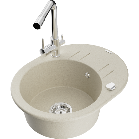 Mexen Kevin 1-bowl granite sink with drainer and kitchen faucet Duero, beige - 6517-69-671600-00