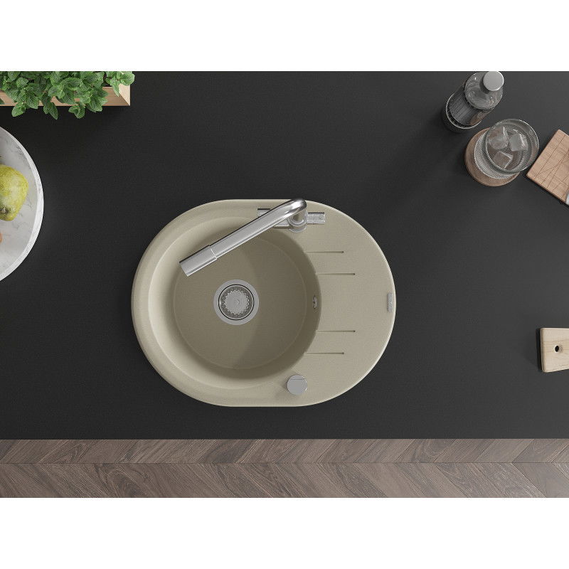 Mexen Kevin 1-bowl granite sink with drainer and Duero kitchen tap, beige - 6517-69-671600-00