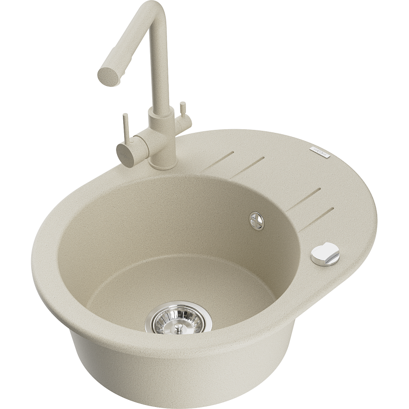 Mexen Kevin granite kitchen sink 1-bowl with drainer and Duero kitchen tap, beige - 6517-69-671600-69
