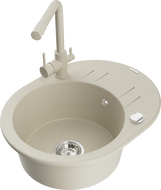 Mexen Kevin granite kitchen sink 1-bowl with drainer and Duero kitchen tap, beige - 6517-69-671600-69