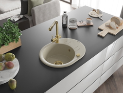 Mexen Kevin 1-bowl granite kitchen sink with drainer and Duero kitchen faucet, beige - 6517-69-671600-50