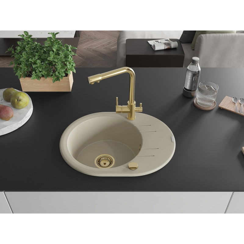 Mexen Kevin granite kitchen sink with 1 bowl, drainer and Duero kitchen faucet, beige - 6517-69-671600-50