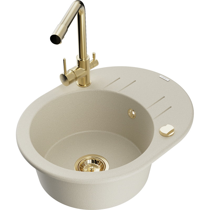 Mexen Kevin 1-bowl granite kitchen sink with drainer and Duero kitchen faucet, beige - 6517-69-671600-50